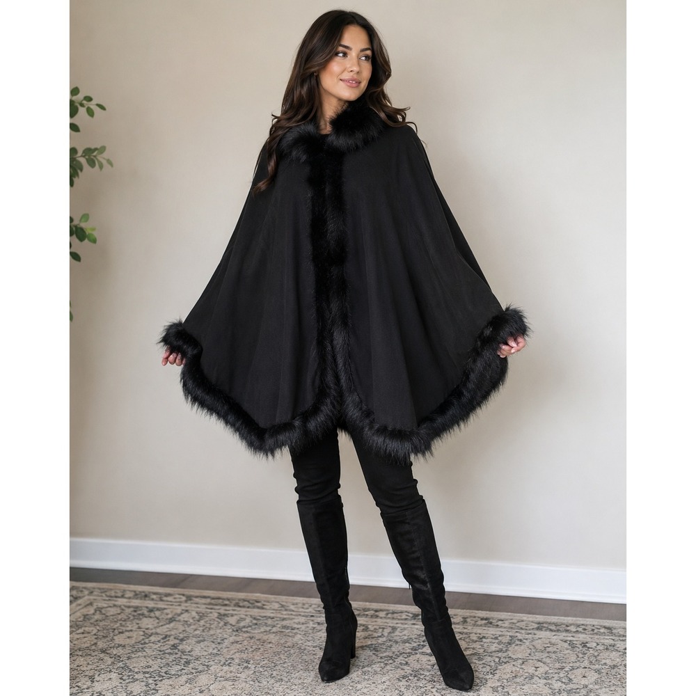 Black Faux Fur Trim Wool Blend Cape Collectif London Kori  M-L NEW Formal Glam